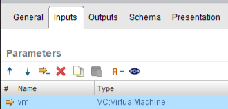 Workflow Inputs tab, showing vm as an input of type VC:VirtualMachne