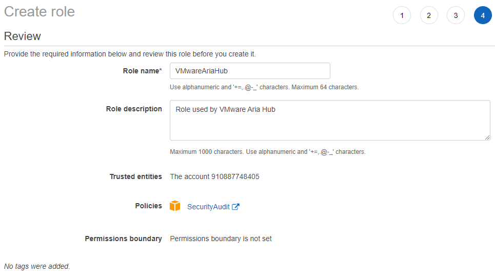 AWS IAM Role creation - review screen