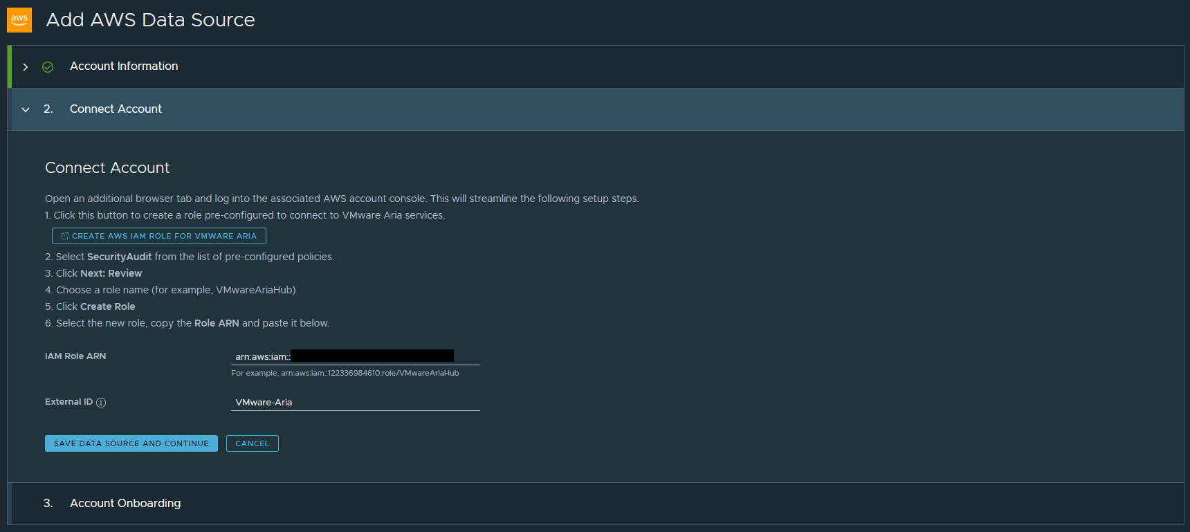 Add AWS Data Source - Connect Account step with ARN