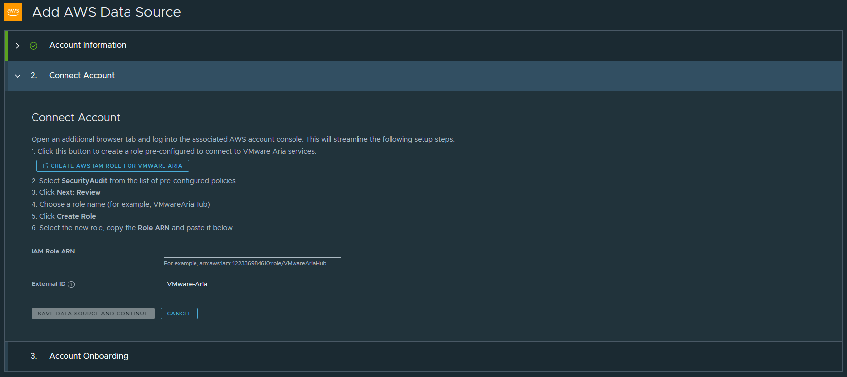Add AWS Data Source - Connect Account step