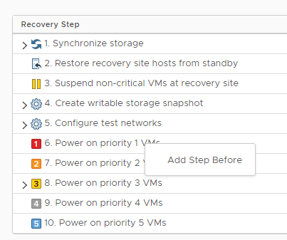 SRM Recovery Plan insert step context menu