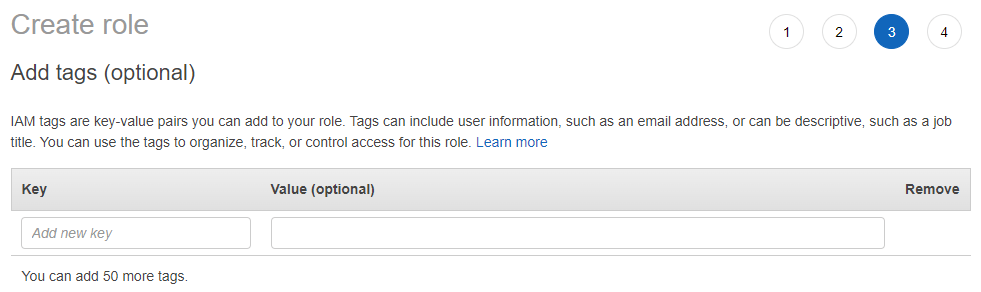 AWS IAM Role creation - add tags screen